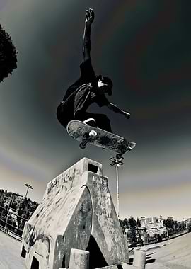 Skateboarder performing a trick over obstacle