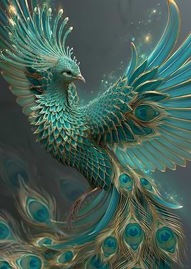 Majestic Teal and Gold Phoenix