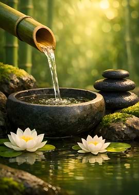 Bamboo Water Fountain with Lotus and Zen Stones