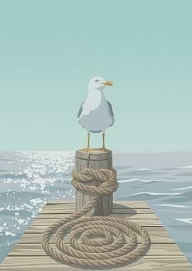 Seagull on a dock with rope