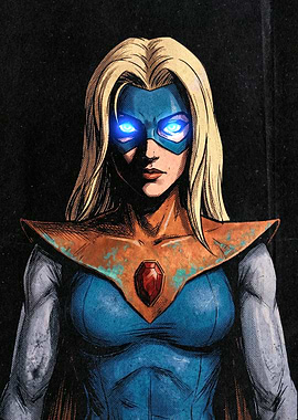 Superheroine with glowing blue eyes
