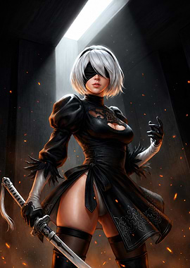 2B with Sword in Dark Setting
