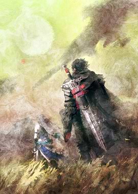 Two warriors in a misty landscape