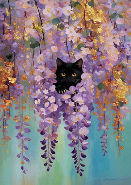 Black Cat Among Wisteria Flowers