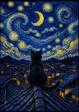 Black Cat on Rooftop Under Starry Night