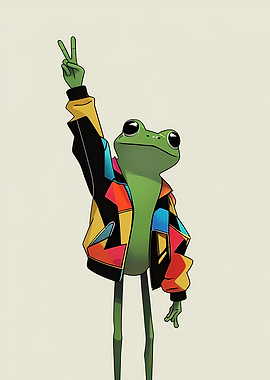 Frog in a colorful jacket making peace sign