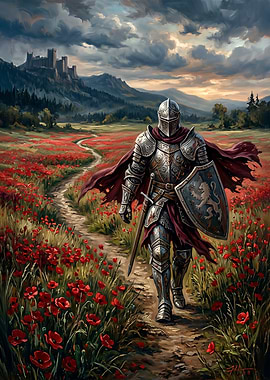 Lone Medieval Knight in Poppy Field at Dusk