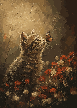 Kitten and Butterfly in Flowers