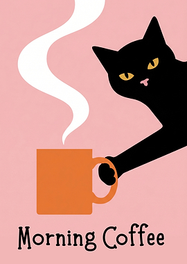 Black Cat with Morning Coffee