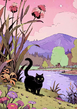 Black Cat in a Floral Landscape