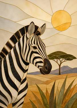 Zebra in African Savannah in Stained Glass