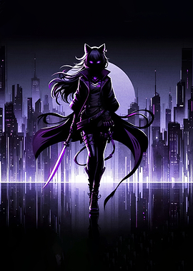Anime Cat Girl Warrior in Neon City