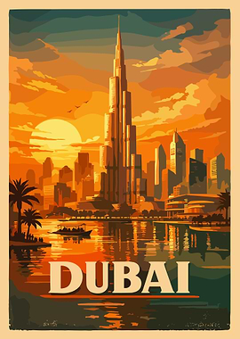 Dubai Sunset Skyline – Burj Khalifa Modern Cityscape Travel Poster