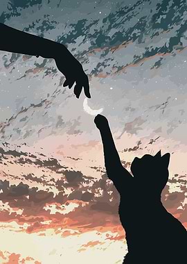 Cat Reaching for Moon with Human Hand