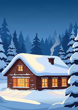 Cozy Cabin in Snowy Forest