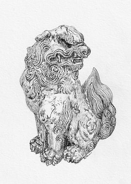 Ink Drawing of a Foo Dog Statue