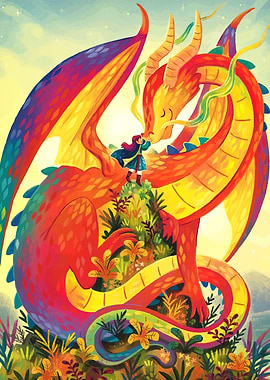Girl and Dragon in a Magical Landscape