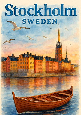 Stockholm Sweden Vintage Travel Poster | Watercolor Scandinavian Waterfront Wall Art