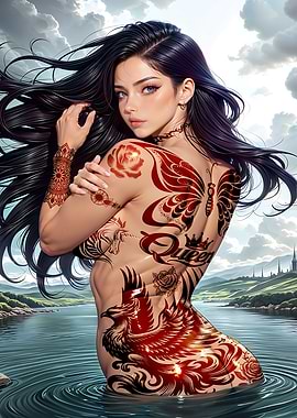 Sensual Tattooed Woman Emerging from River Fantasy