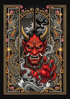 Japanese Oni Demon with Twin Dragons