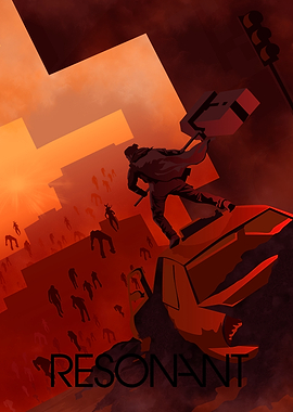 Resonant Poster with Figures and Cityscape