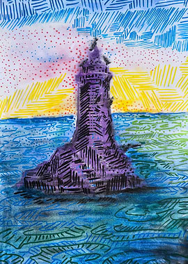 Purple Lighthouse in Textured Sea