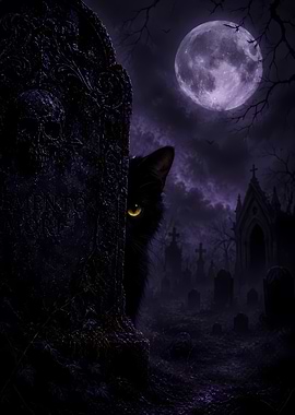 Black Cat Peeking from Tombstone