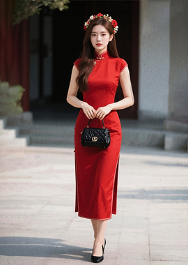Woman in Red Cheongsam with Flower Crown