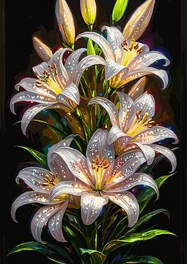 White Lilies with Glittering Dewdrops