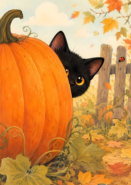 Black cat peeking from behind a pumpkin