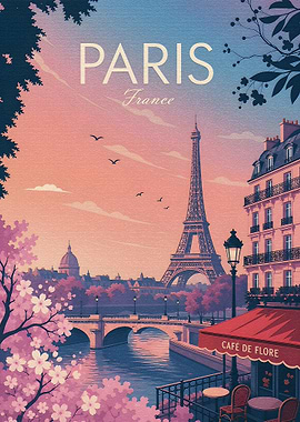 Parisian Cafe Scene with Eiffel Tower