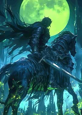 Dark Knight Riding Horse Under Green Moon