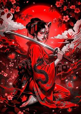 Geisha with Fox Mask and Katana