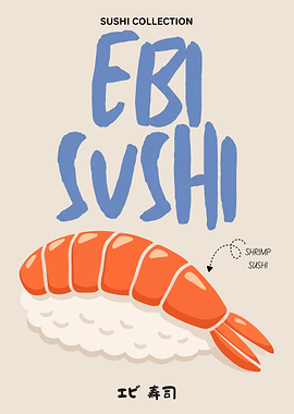 Ebi Sushi Minimalist Poster – Japanese Shrimp Nigiri Wall Art