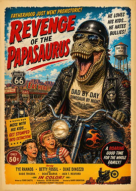 Revenge of the Papasaurus Retro Movie Poster