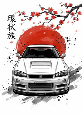 White Nissan Skyline GT-R R34 with Cherry Blossoms