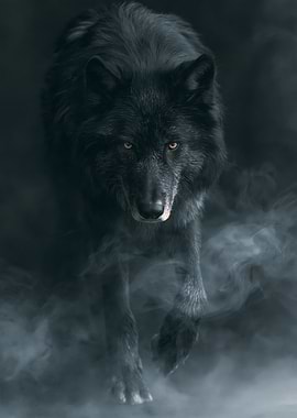 Black wolf emerging from smoke