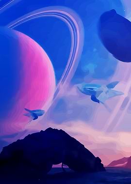 Sci-fi space landscape with planets and ships