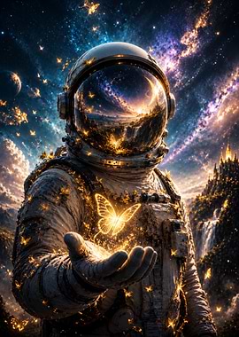 Astronaut with glowing butterflies in space