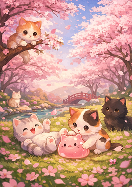 Cute Kittens in Cherry Blossom Garden