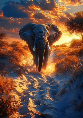 Elephant walking on a sandy path at sunset