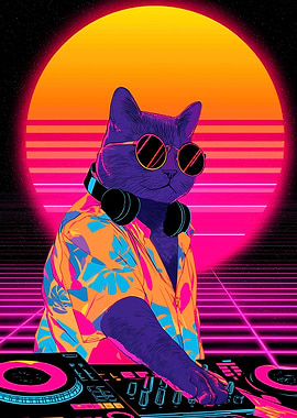 DJ Cat with Retro Sunset