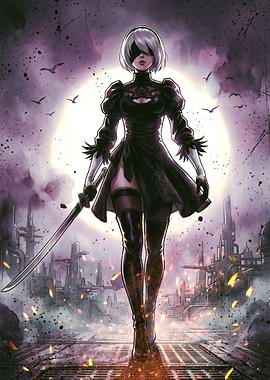 2B with Sword in Ruined City