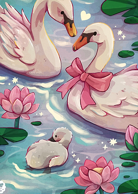 Cute Swans and Lotuses in Water