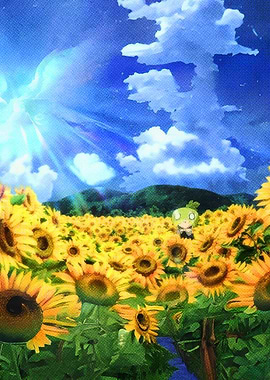 Cute character in a stone sunflower field