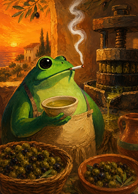 Frog making olive oil at sunset