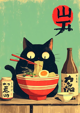 Black Cat Eating Ramen