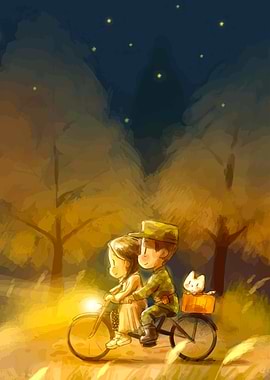 Couple Riding Bicycle Under Stars