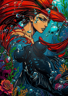Dark Mermaid with Red Hair and Bubbles