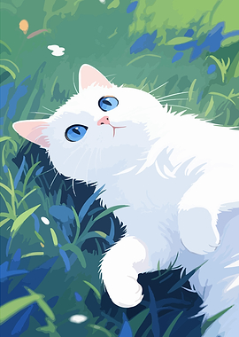 White Cat in Green Grass